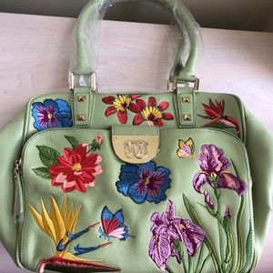Collectors’ Item New Sharif Celadon Green Genuine Leather Embroidered Floral Bag